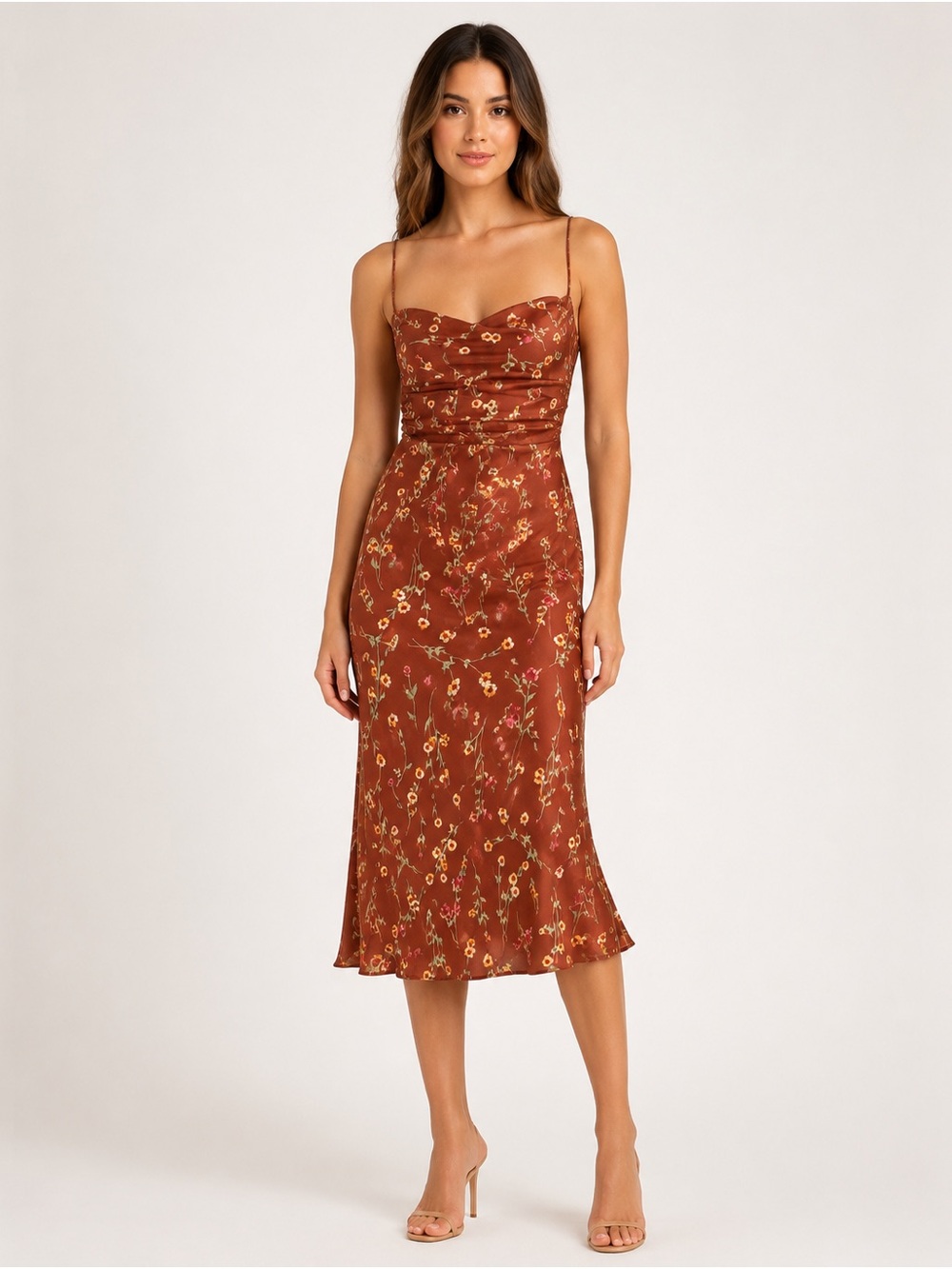 DANIELLE BERNSTEIN Rust Floral Satin Midi Dress with Tie Waist